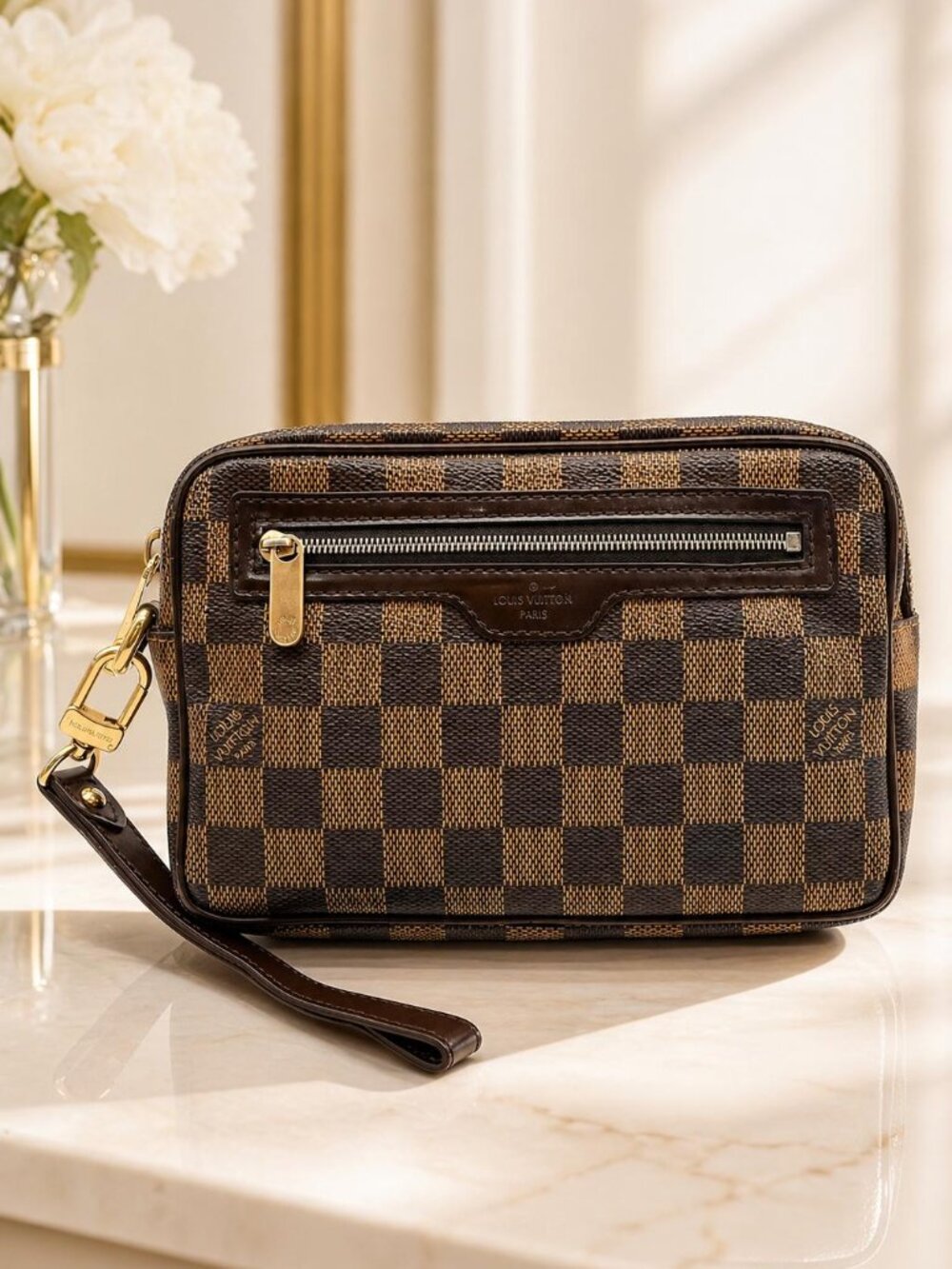 Authentic Louis Vuitton Pochette Billet Macao Damier Ebene Clutch Wristlet